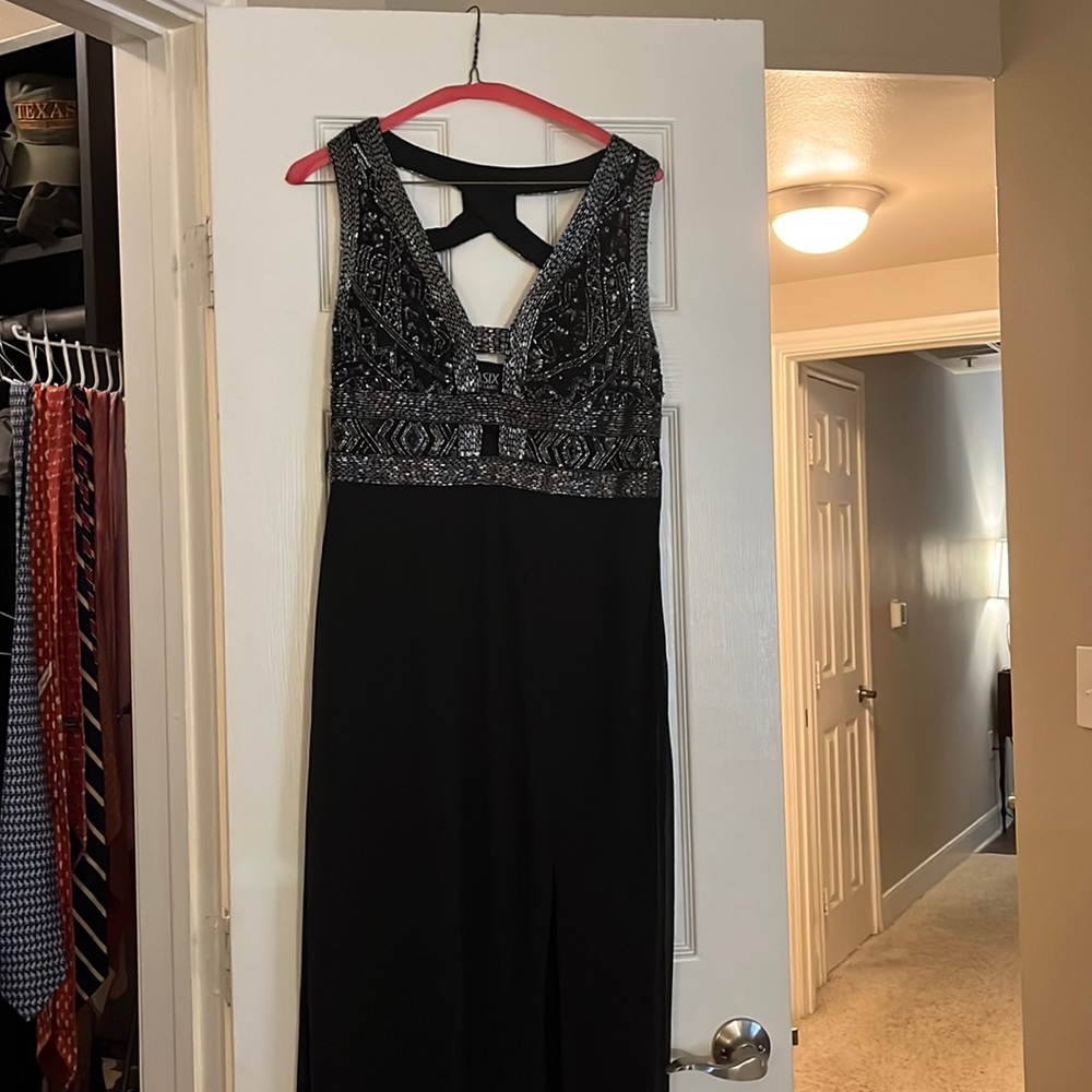Black beaded ballgown with cutouts